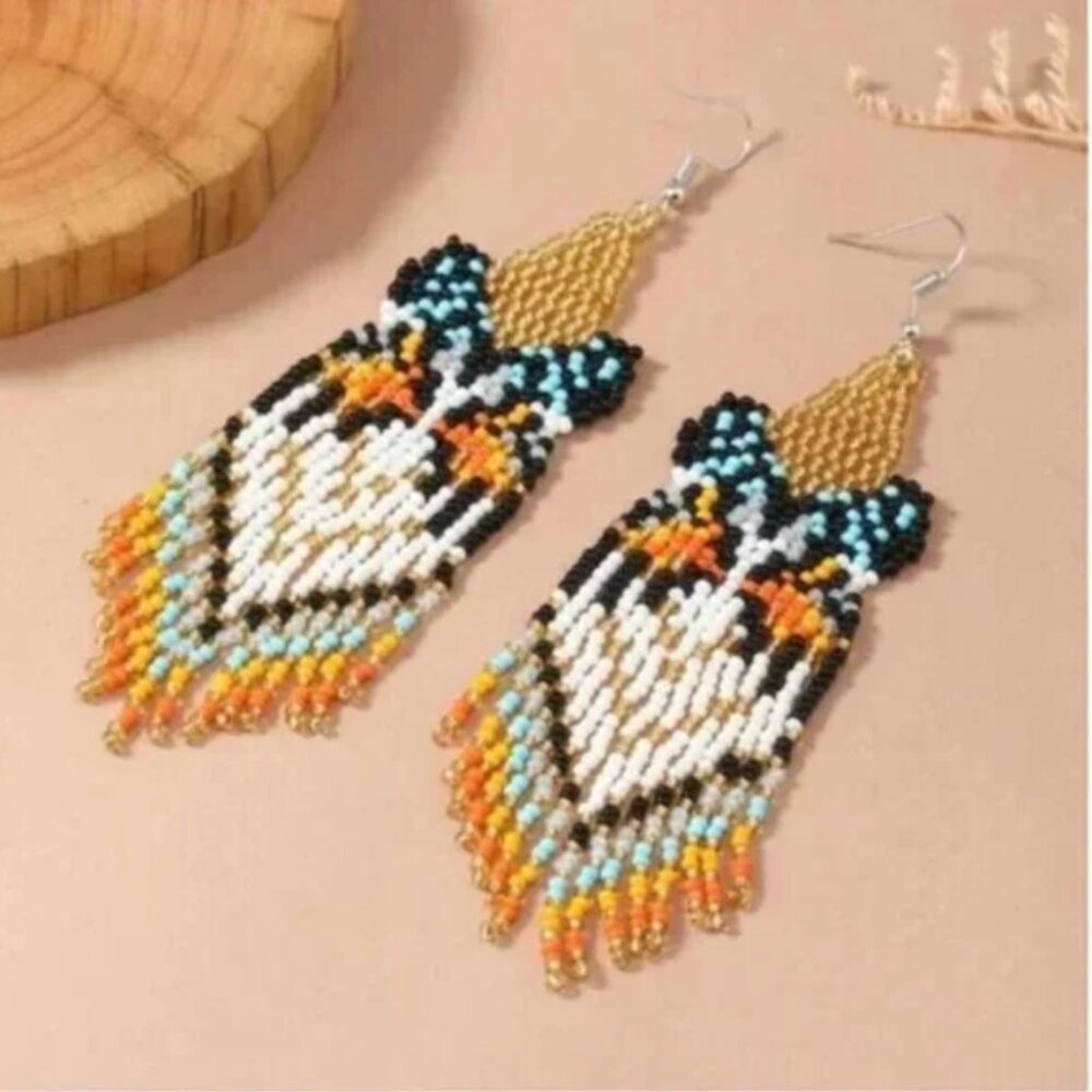 ⭐️❤️❤️FREE Butterfly Beaded Fringe Tassel Chic Glam Hipster Hippie Drop Earrings